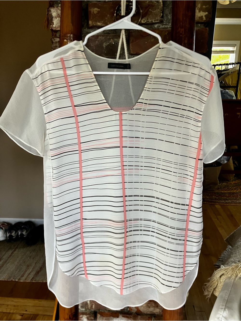 Calvin Klein Abstract Striped Sheer V-Neck Blouse S
